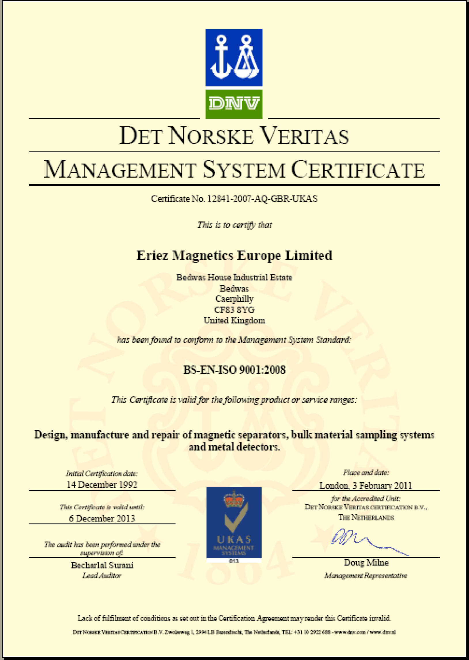 Eriez Achieves Re&#45;certification of ISO 9001&#58;2008 Quality Standard