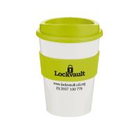 White Thermal Mug or Cup With Lime Green Top and Sleeve