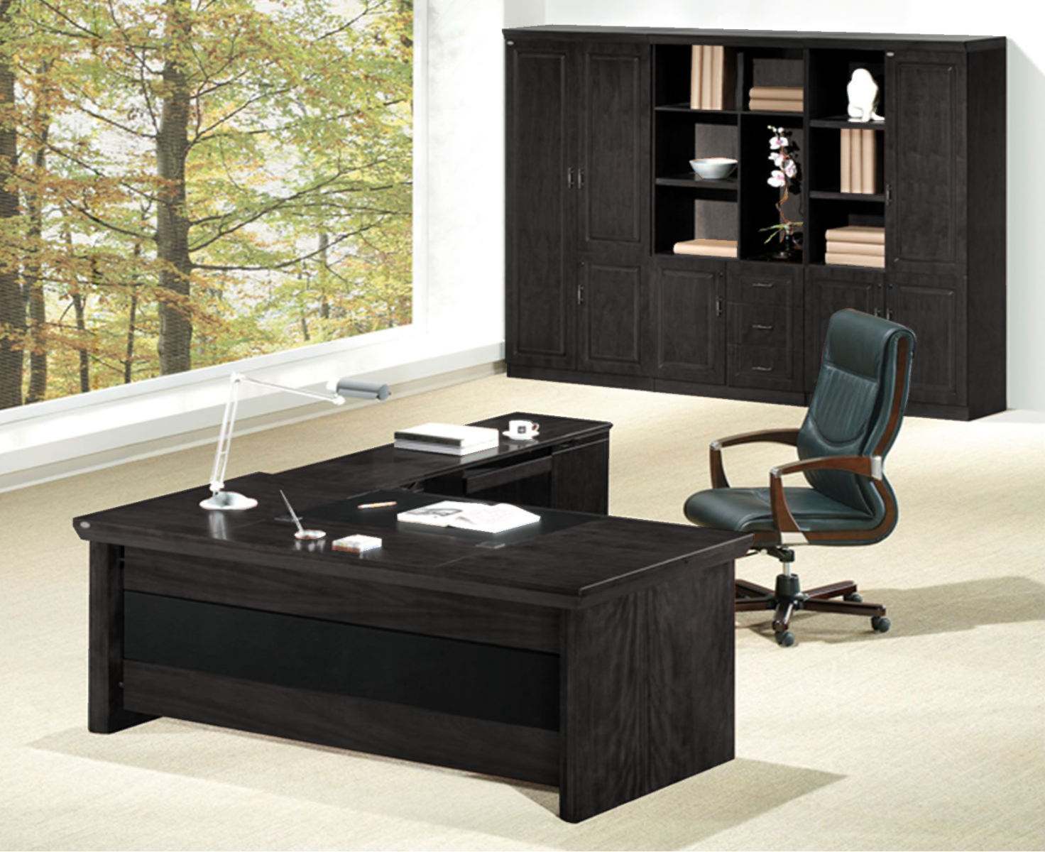 Providers Of Stunning Black Ash Real Wood Veneer Executive Office Desk With Pedestal & Return - L3F-U57163-1600mm Near Me