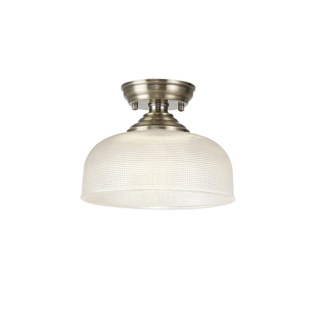 Luxuria Sirius Flush Ceiling Light E27 With Round 26.5cm Prismatic Effect Glass Shade Antique Brass/Clear