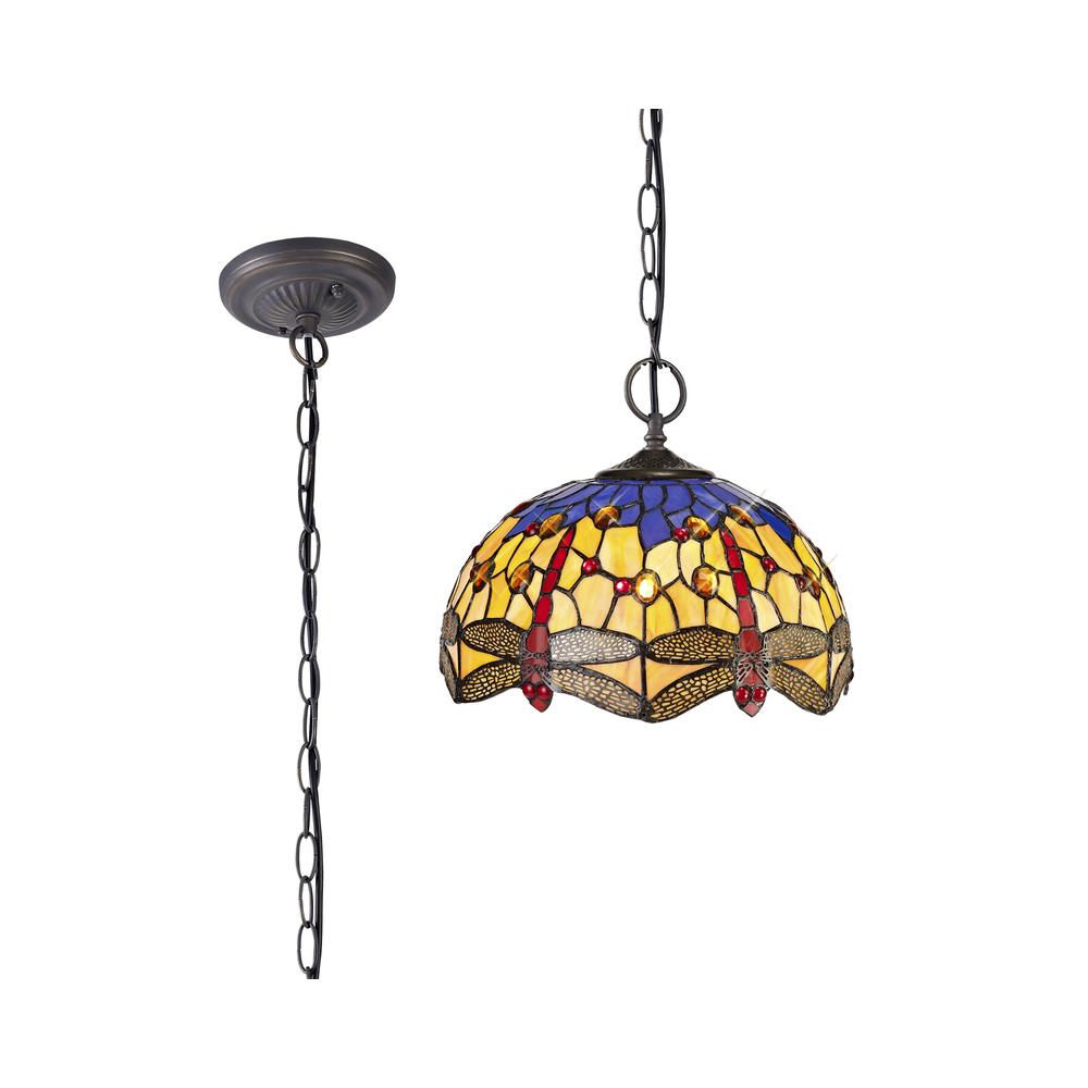 Luxuria Broadway 2 Light Downlighter Pendant E27 With 30cm Tiffany Shade Blue/Orange/Crystal/Aged Antique Brass