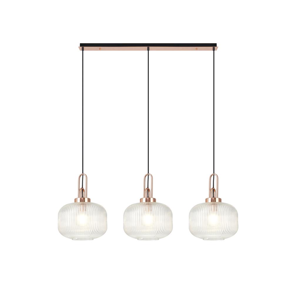 Luxuria Kennith Linear 3 Light Pendant E27 Copper/Matt Black With 30cm Pumpkin Shaped Ribbed Clear Glass