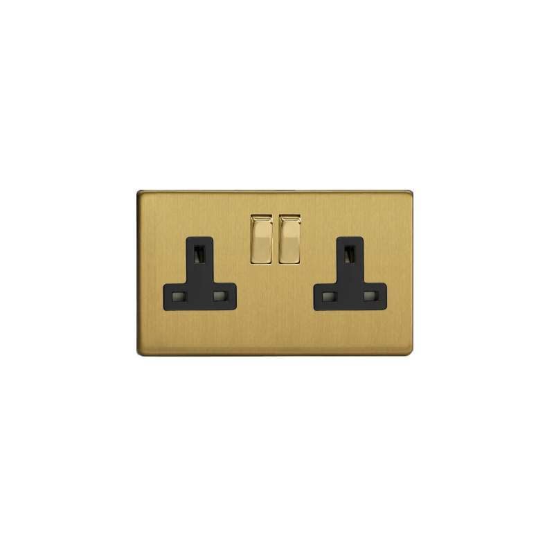 Varilight Screw Less Brushed Brass 2G 13A Switched Socket Black