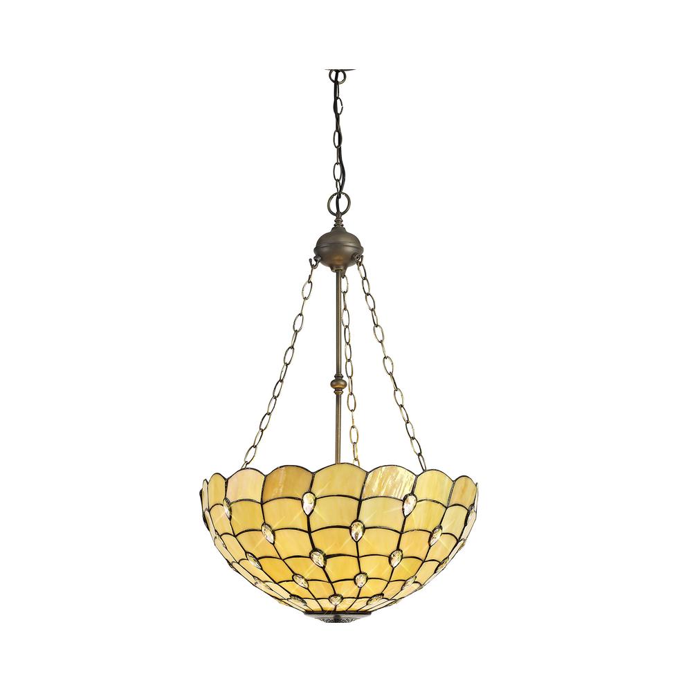 Luxuria Luna 3 Light Uplighter Pendant E27 With 50cm Tiffany Shade Beige/Clear Crystal/Aged Antique Brass