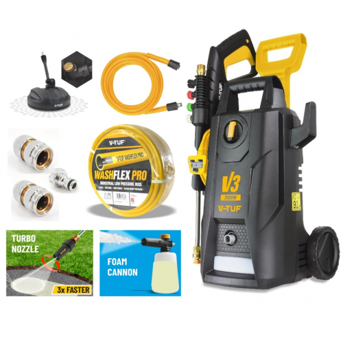 V-TUF V3-240 X2 2175psi 150Bar, 7.5L/min DIY Portable Electric Pressure Washer - With 15M Washflex Pro Water Feed Hose With DuraKlix KCQ Fittings For Commercial Work In Hexham
