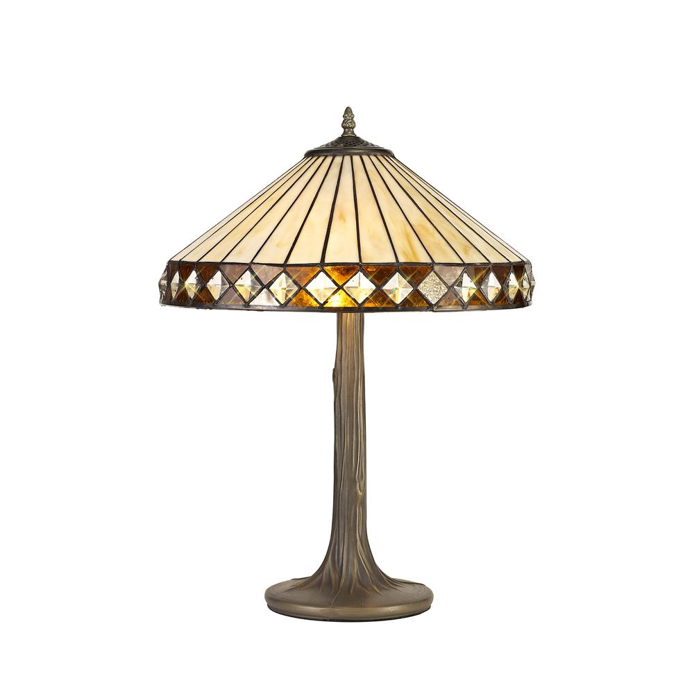 Luxuria Peacock Feather 2 Light Tree Like Table Lamp E27 With 40cm Tiffany Shade Amber/Cream/Crystal/Aged Antique Brass