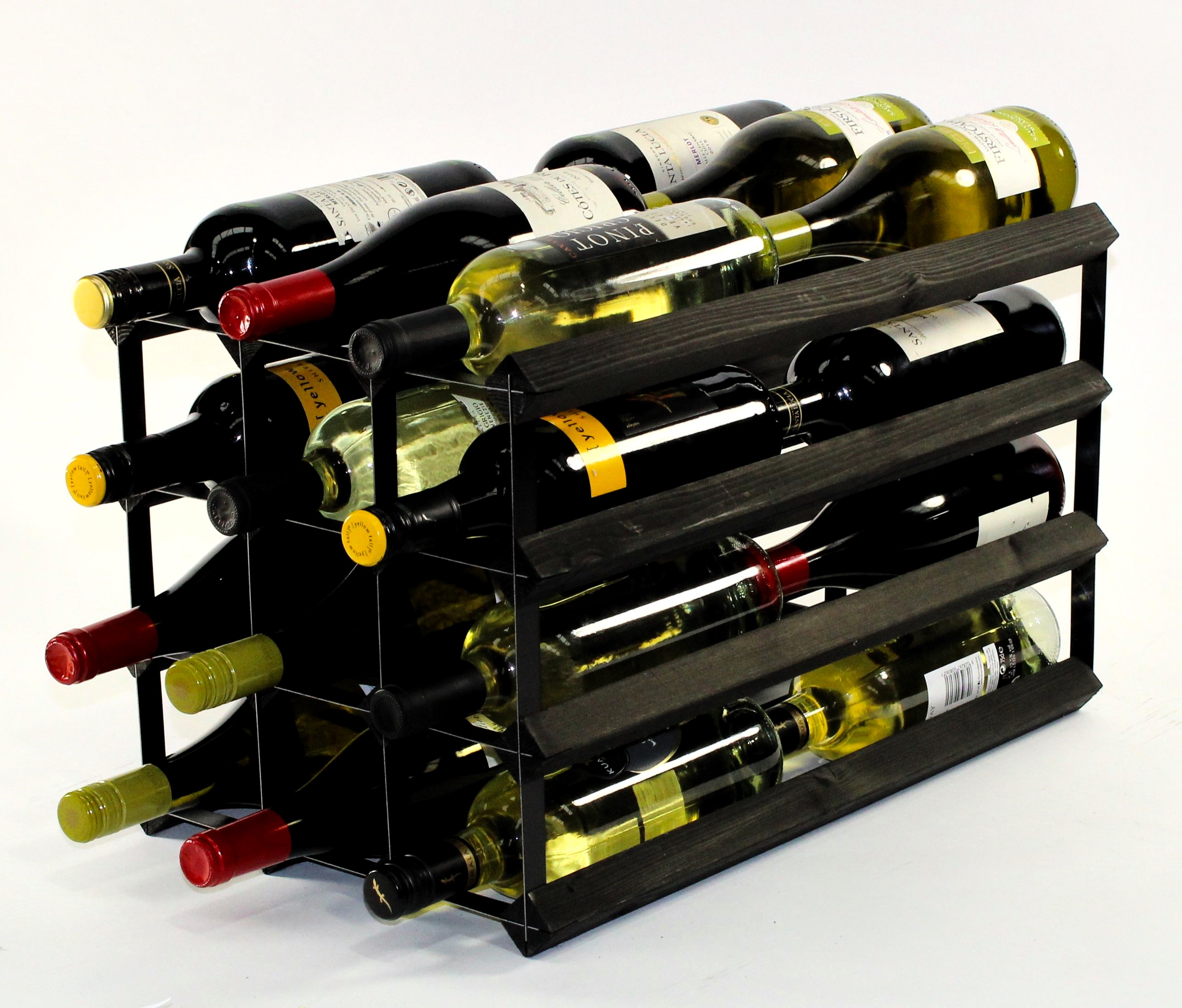 Double depth 24 bottle wine rack - Black stain wood - Black metal