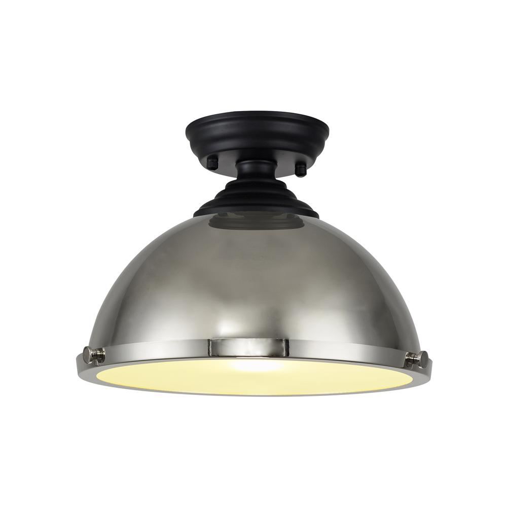 Luxuria Sirius Flush Ceiling Light E27 With Round 31cm Metal Shade Matt Black/Polished Nickel/Frosted White