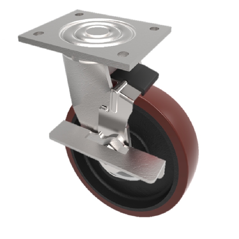 Polyurethane Cast Iron Plate Swivel Castor Brake 150mm 600kg Load