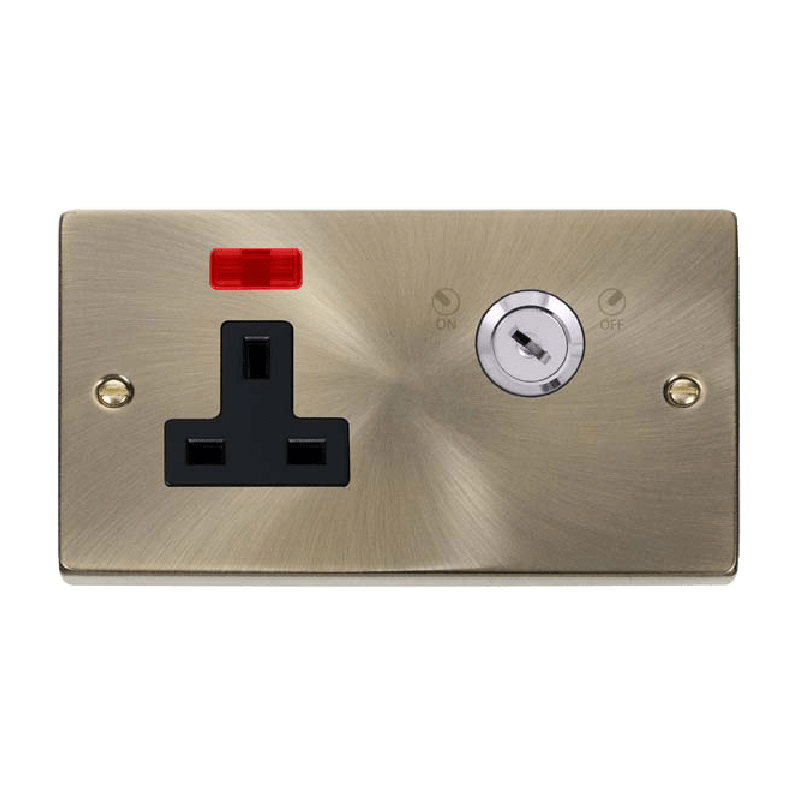 Click Deco 13A 1 Gang DP Key Lockable Socket With Neon Antique Brass Insert Black