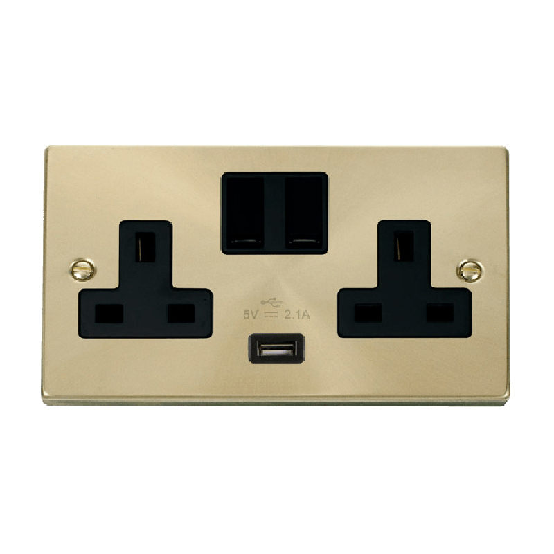 Click Deco 13A 2G Switched Socket With USB Outlet Satin Brass Insert Black