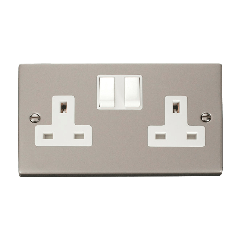 Click Deco 2 Gang 13A DP Switched Socket Outlet (Twin Earth) Pearl Nickel Insert White