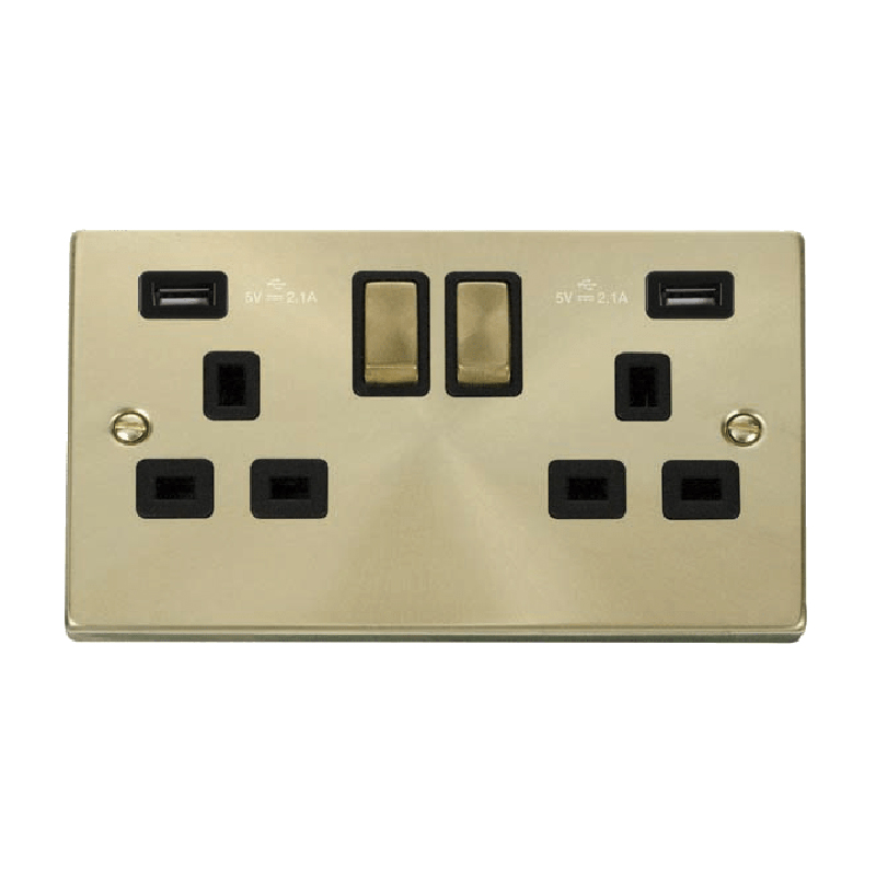 Click Deco 13A Ingot 2G Switched Socket With Twin USB 4.2A Outlets Satin Brass Insert Black