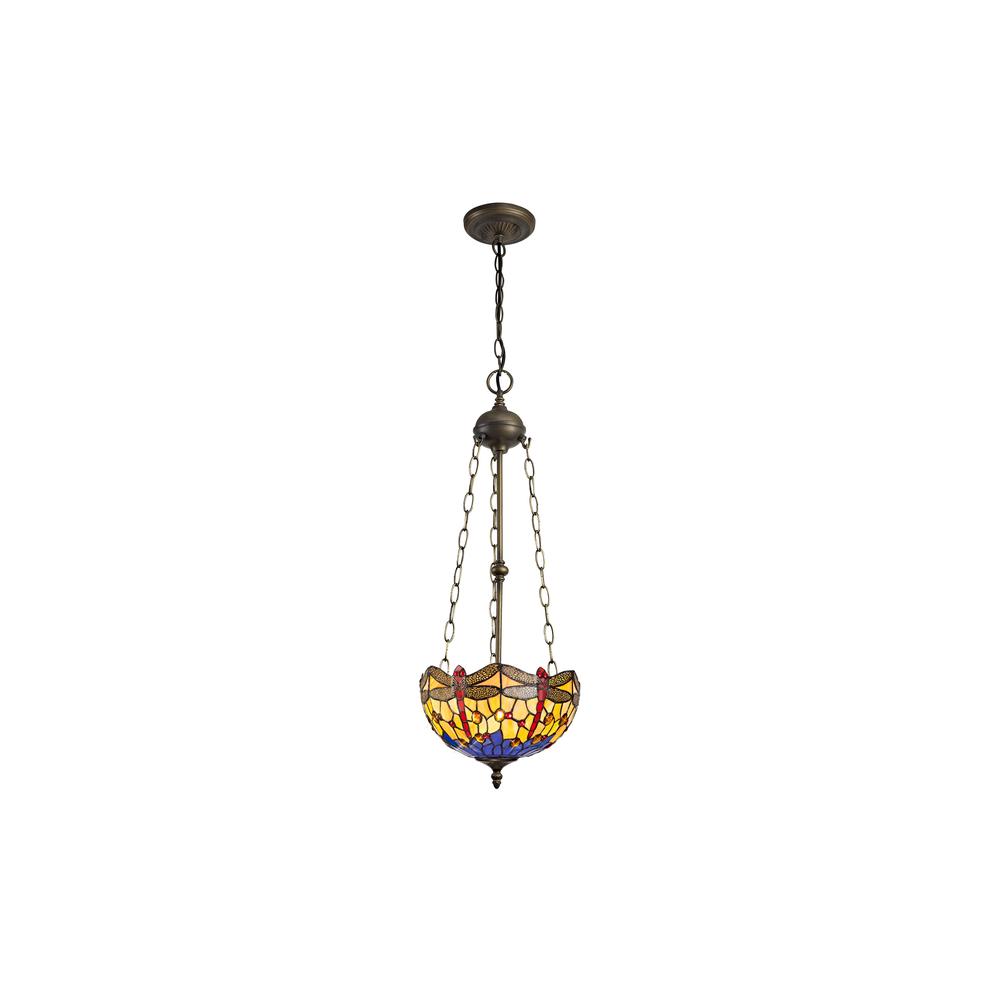 Luxuria Broadway 3 Light Uplighter Pendant E27 With 30cm Tiffany Shade Blue/Orange/Crystal/Aged Antique Brass