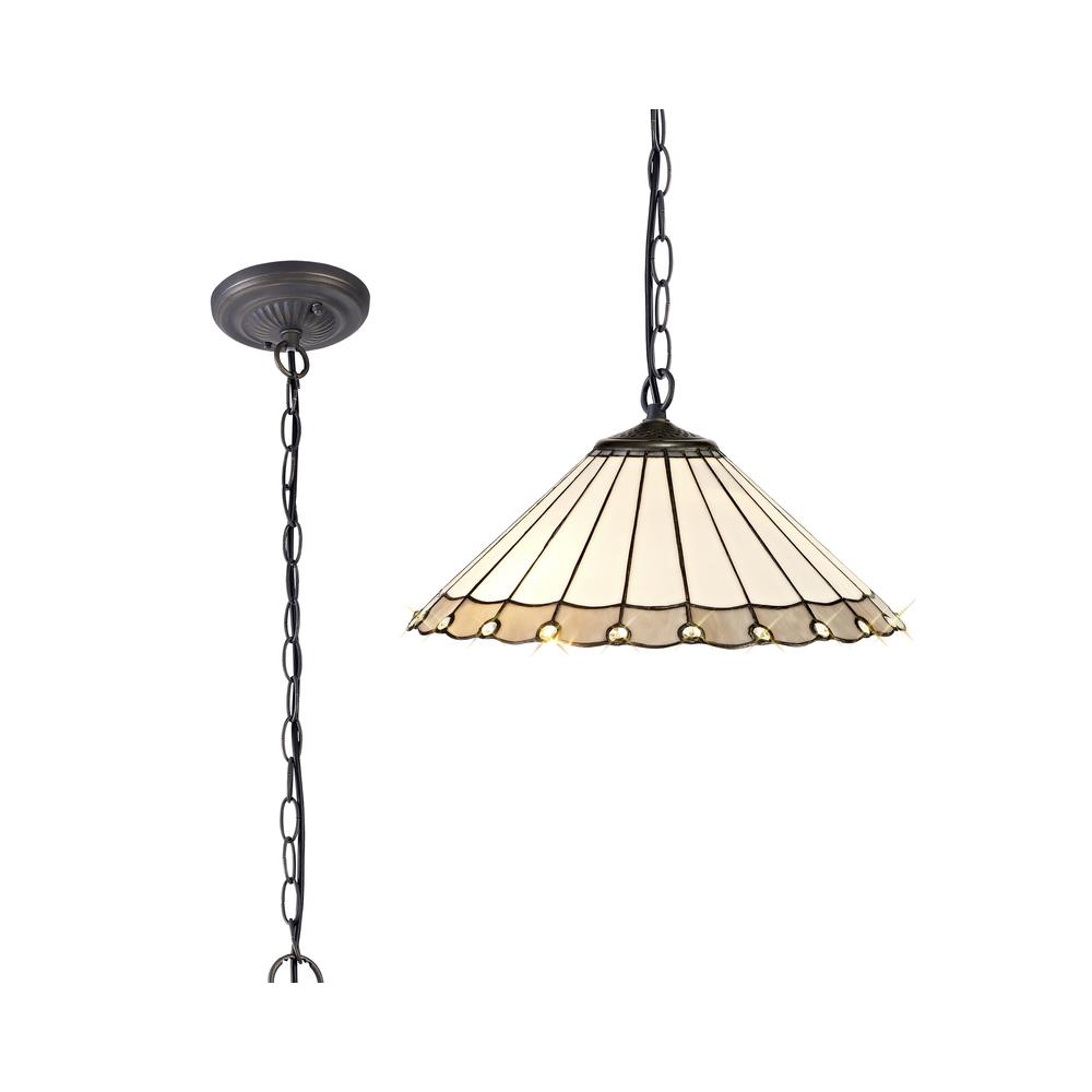 Luxuria Sleek 40.5cm 1 Light Downlighter Pendant E27 With 40cm Tiffany Shade Grey/Cream/Crystal/Aged Antique Brass