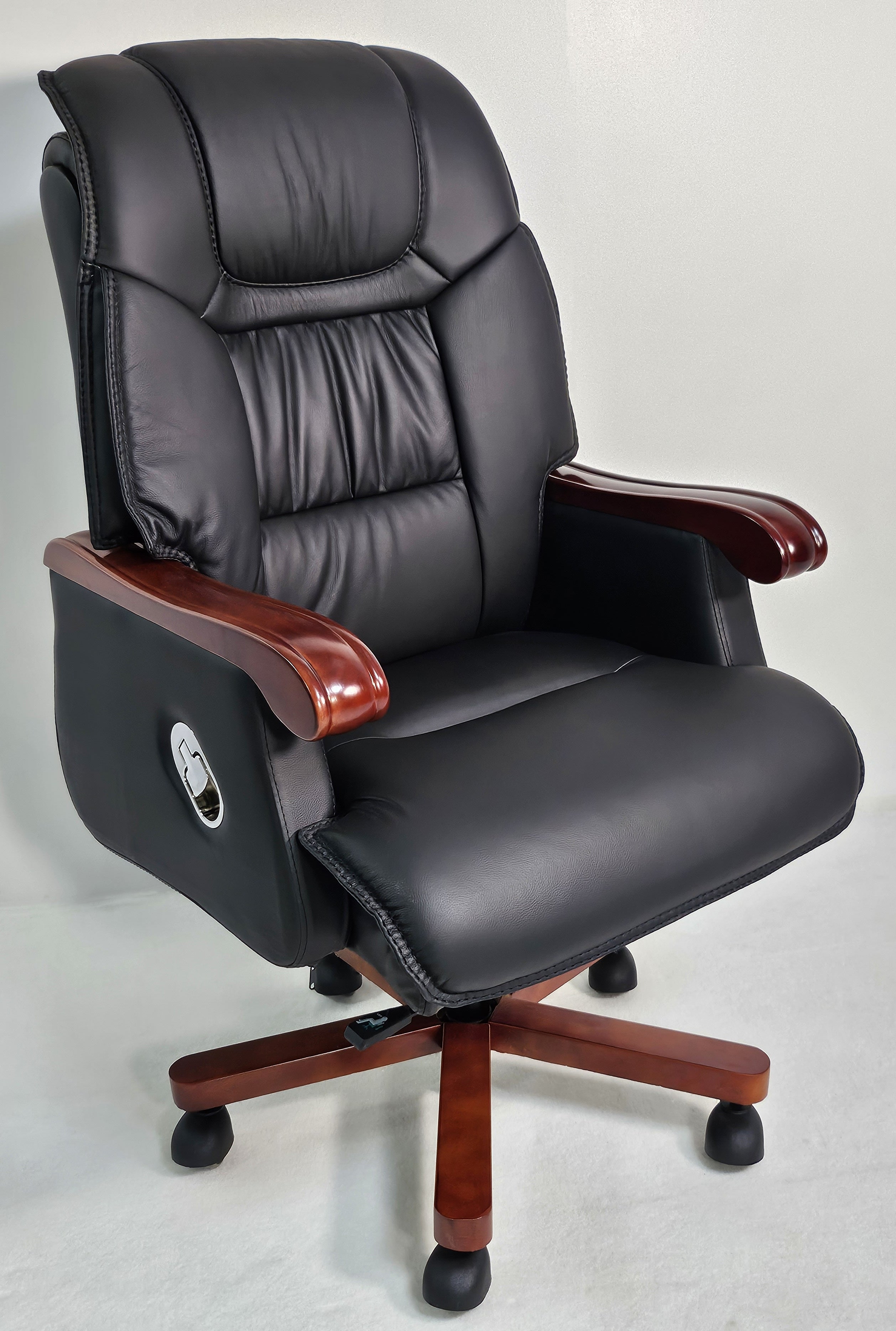 Genuine Black Leather Executive Reclining Office Chair with Walnut Arms - 893 Huddersfield