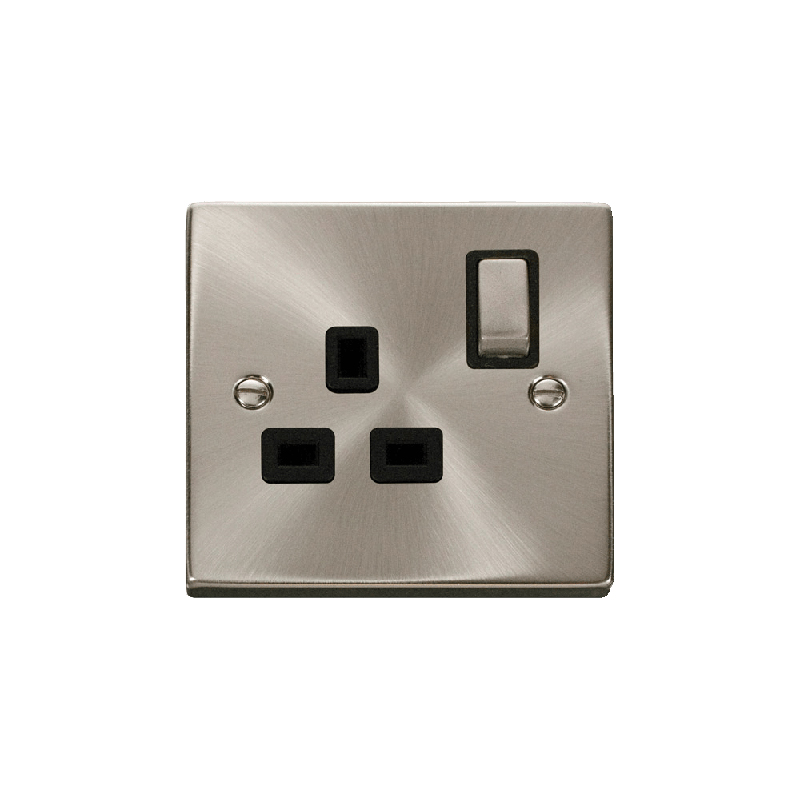 Click Deco 1 Gang 13A DP 'Ingot' Switched Socket Outlet Satin Chrome Insert Black