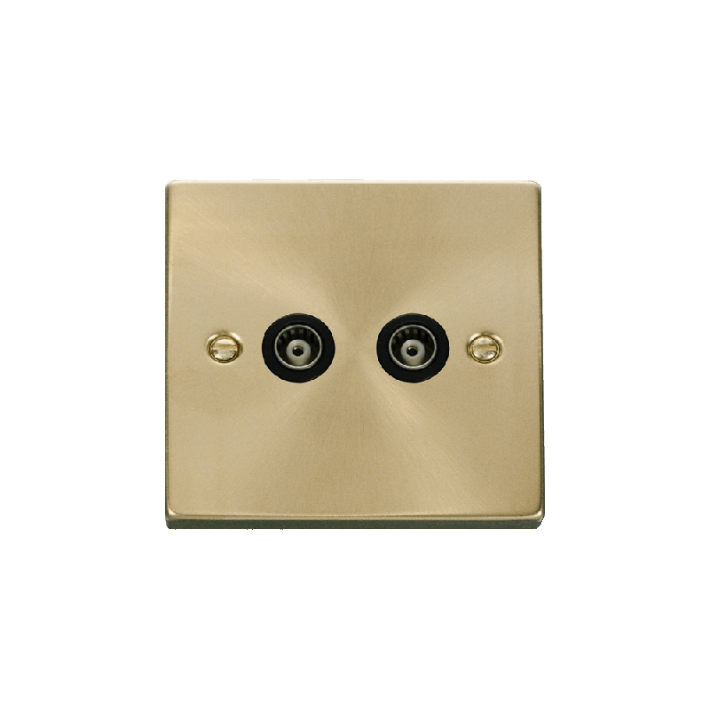 Click Deco Twin Isolated Coaxial Socket Outlet Satin Brass Insert Black