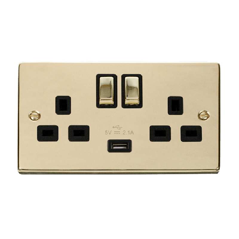 Click Deco 13A Ingot 2G Switched Socket With Single 2.1A USB Outlet Polished Brass Insert Black