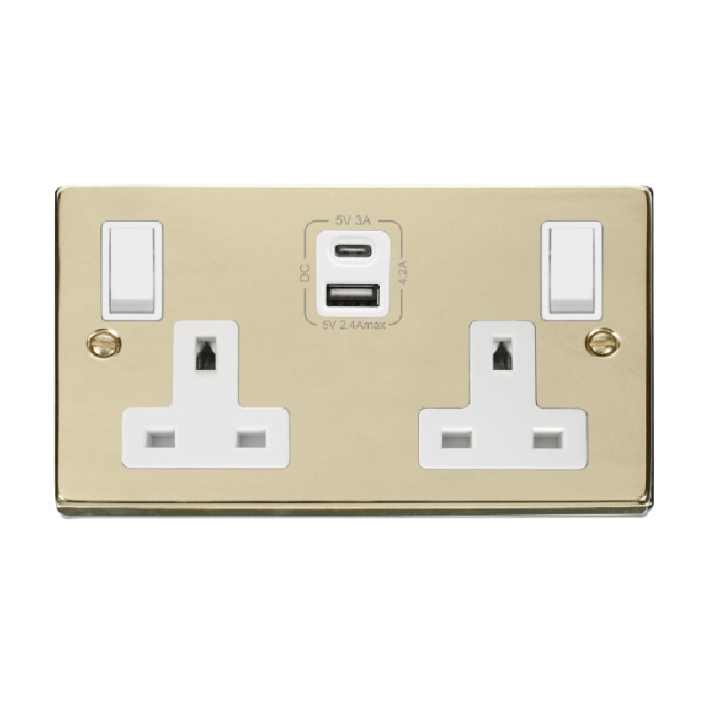 Click Deco 2G 13A Switched Socket With Type A & C USB 4.2A Outlets Polished Brass Insert White