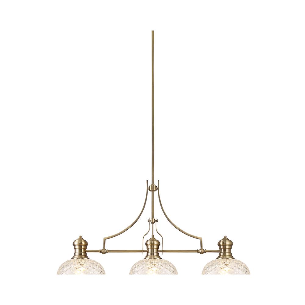 Luxuria Serena Linear Pendant With 30cm Flat Round Patterned Shade 3xE27 Antique Brass/Clear Glass