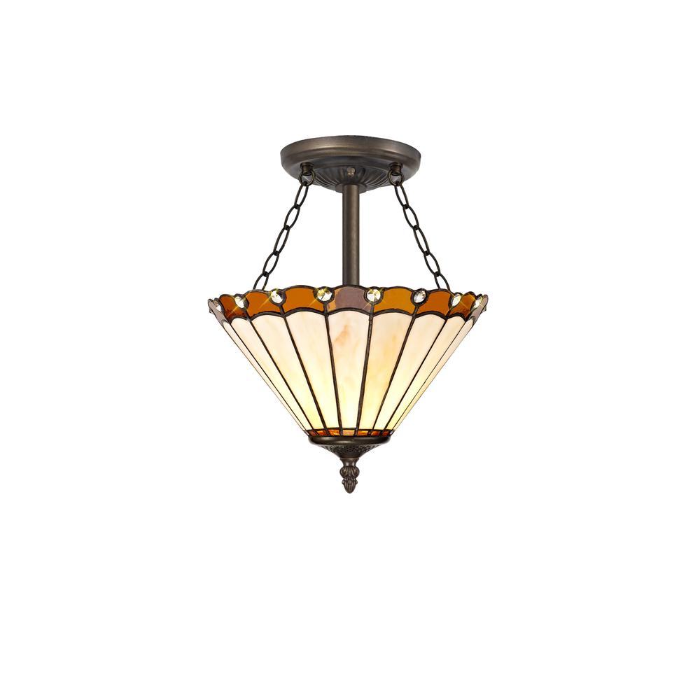 Luxuria Sleek 3 Light Semi Flush E27 With 30cm Tiffany Shade Amber/Cream/Crystal/Aged Antique Brass