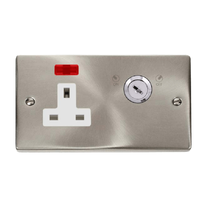 Click Deco 13A 1 Gang DP Key Lockable Socket With Neon Satin Chrome Insert White