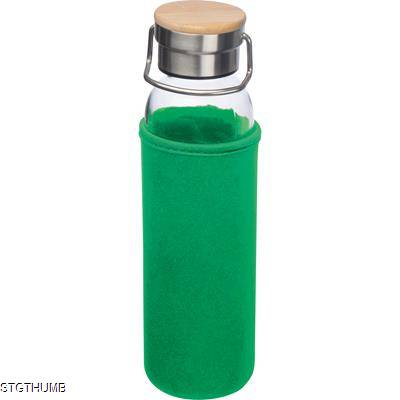 GLASS BOTTLE with Neoprene Sleeve, 600ml in Green.