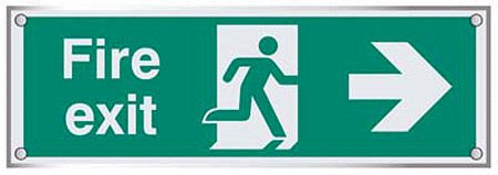 Fire exit right visual impact 5mm acrylic sign 450x150mm c/w stand off locators