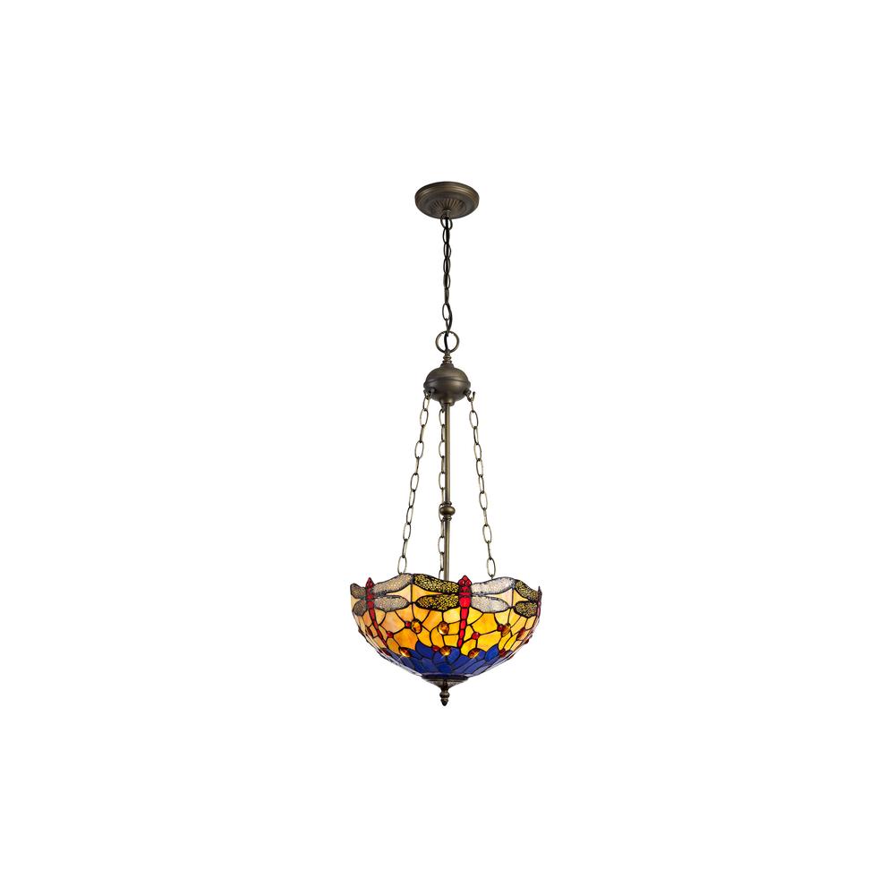 Luxuria Broadway 41cm 3 Light Uplighter Pendant E27 With 40cm Tiffany Shade Blue/Orange/Crystal/Aged Antique Brass