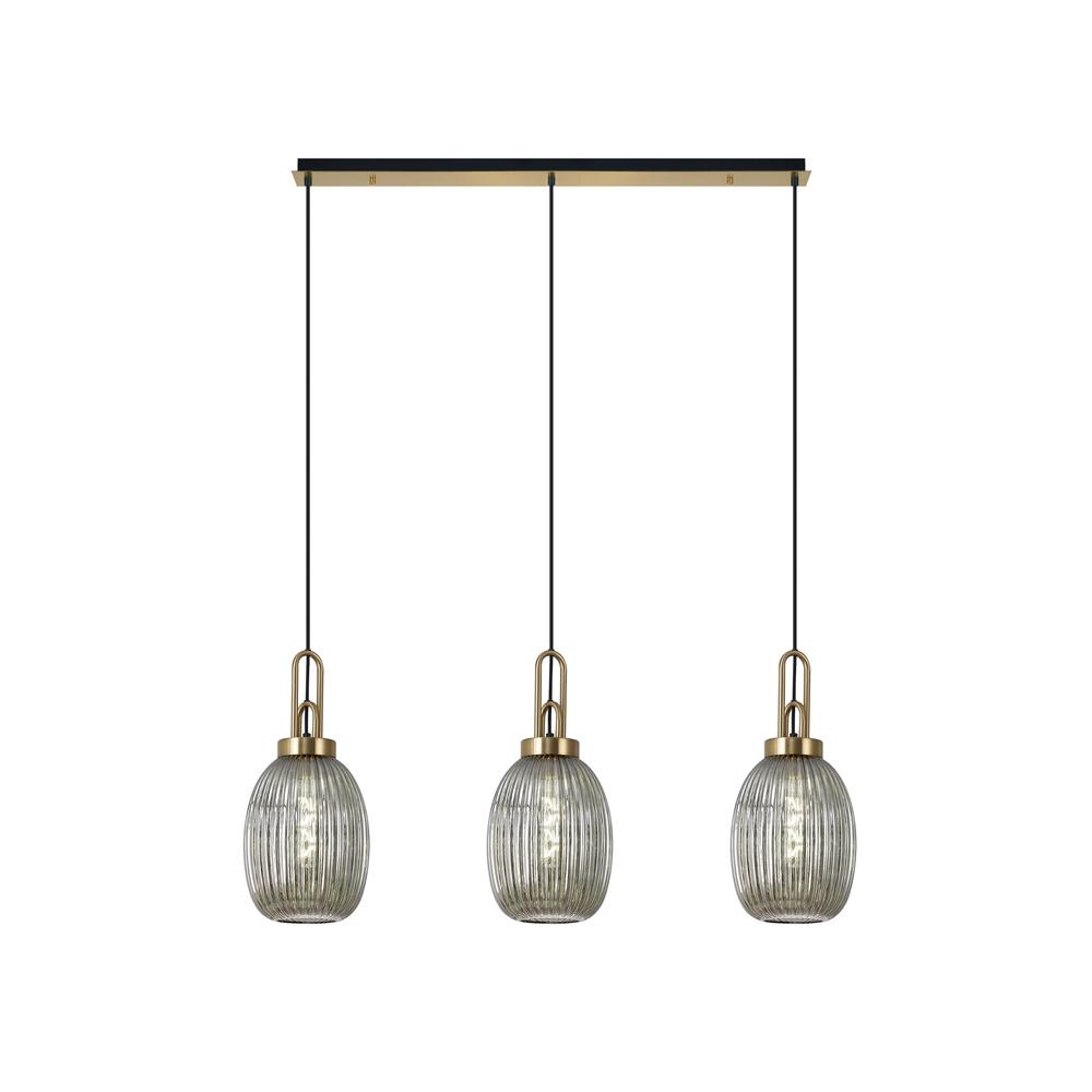 Luxuria Kennith Linear 3 Light Pendant E27 With 20cm Almond Ribbed Glass Smoked Brass Gold/Matt Black