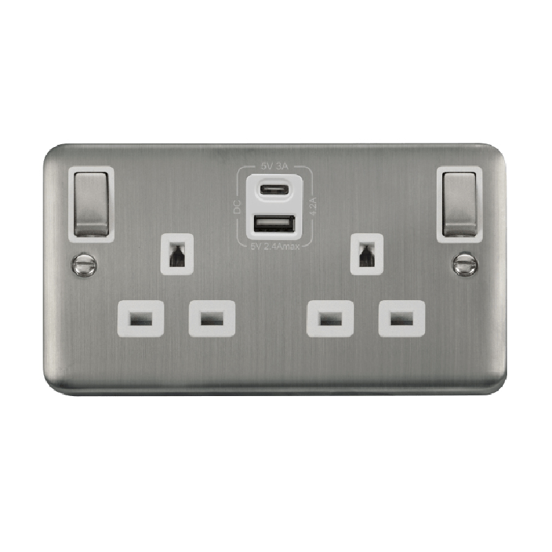 Click Deco Plus 13A Ingot 2G Switched Socket Outlet With Type A & C USB 4.2A Outlets Stainless Steel White Inserts