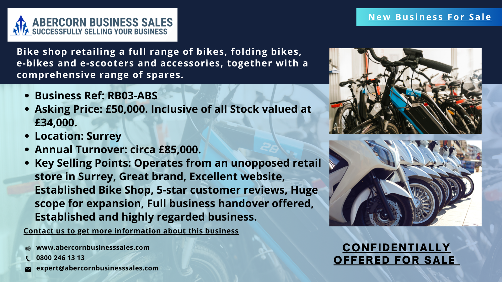 RB03-ABS - Bike shop retailing a full range of bikes, folding bikes, e-bikes and e-scooters and accessories, together with a comprehensive range of spares