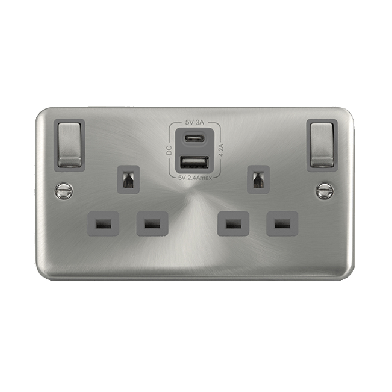 Click Deco Plus 13A Ingot 2G Switched Socket Outlet With Type A & C USB 4.2A Outlets Satin Chrome Grey Inserts