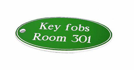 50x100mm Key fob oval - White text on green
