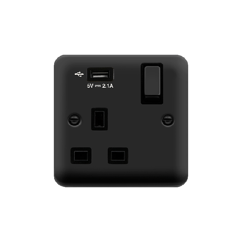 Click Deco Plus 1 Gang USB Socket 13A Matt Black Black Inserts