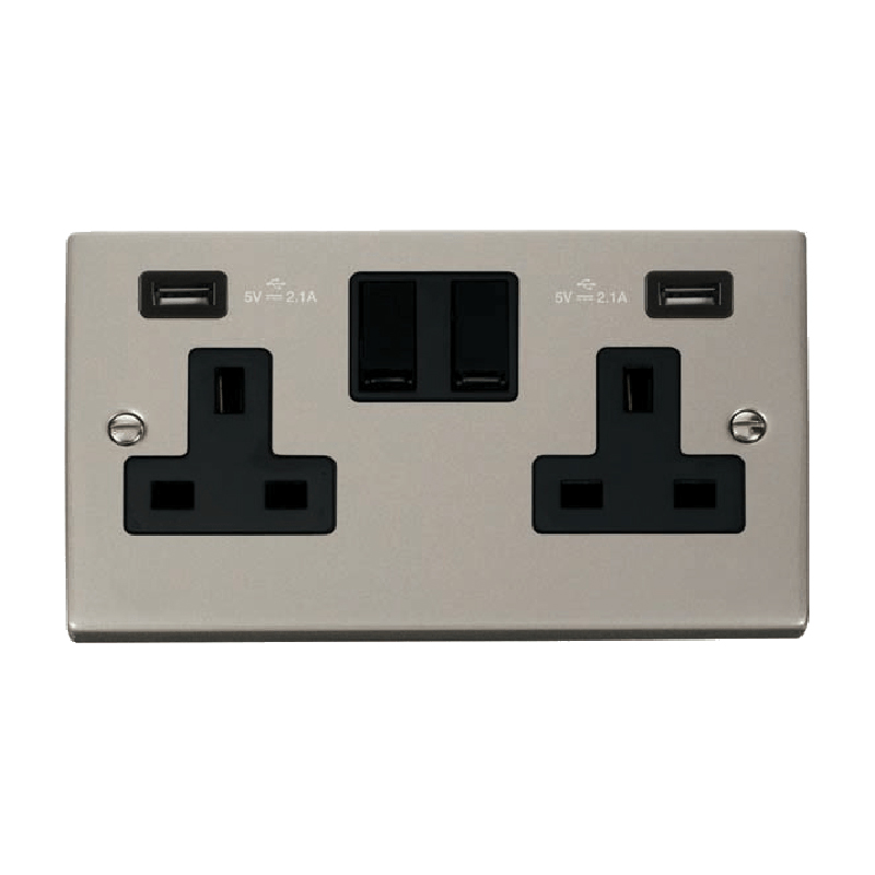 Click Deco 13A 2G Switched Socket with Twin 2.1A USB Outlets Pearl Nickel Insert Black