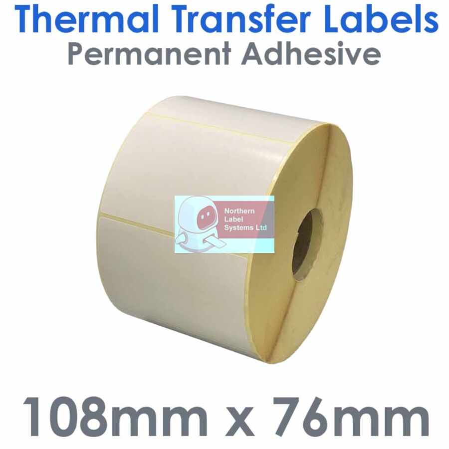 108076TTNPW1-2000, 108mm x 76mm, Permanent Adhesive, Thermal Transfer Labels, 2,000 per roll, FOR LARGER LABEL PRINTERS