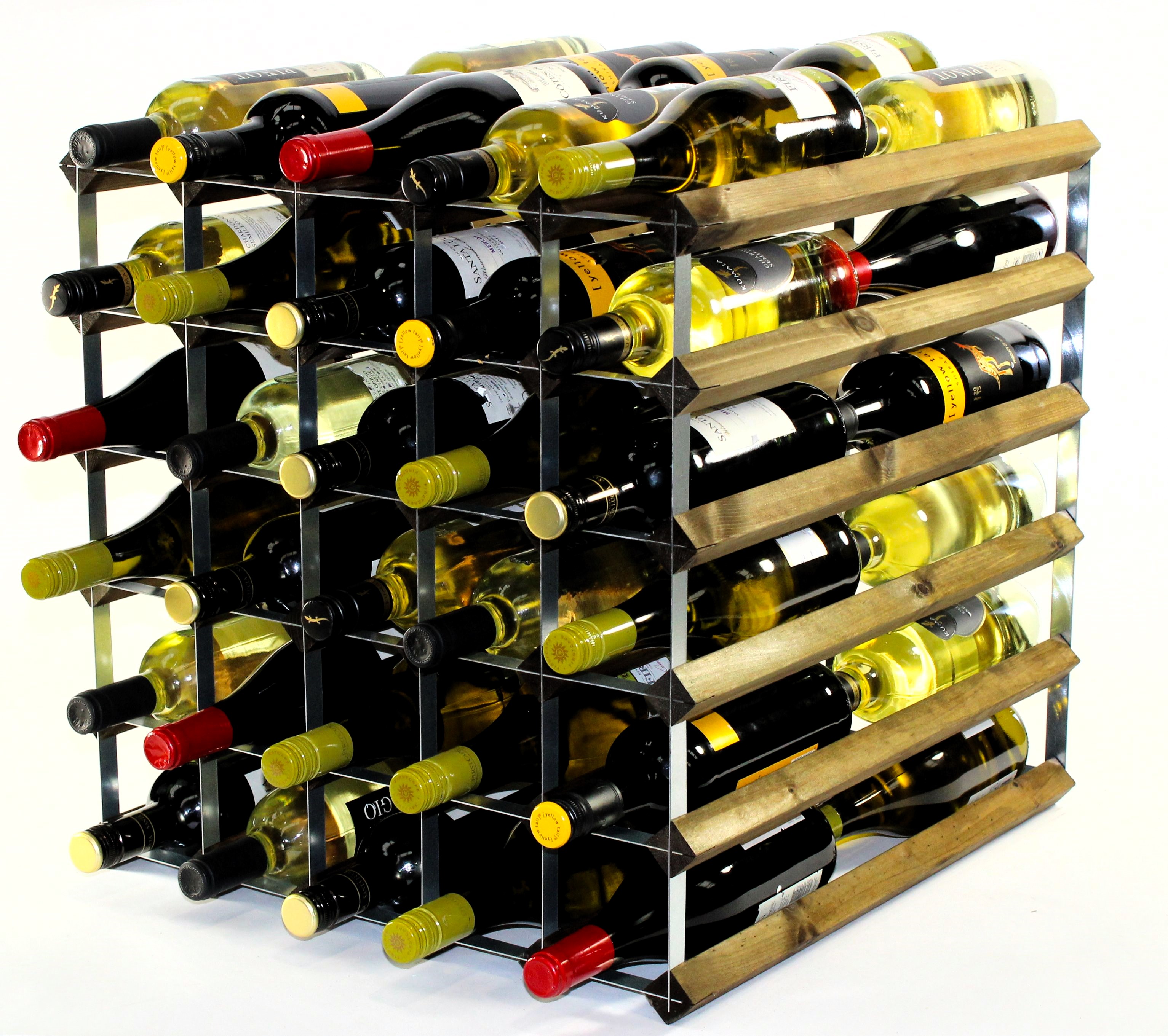 Double depth 60 bottle wine rack - Walnut stain wood - Galvanised metal