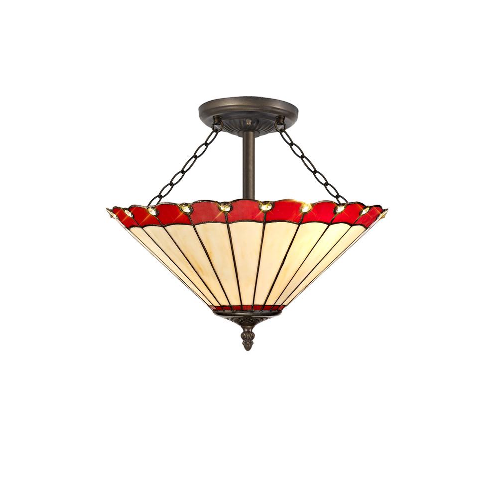 Luxuria Sleek 40.5cm 3 Light Semi Flush E27 With 40cm Tiffany Shade Red/Cream/Crystal/Aged Antique Brass