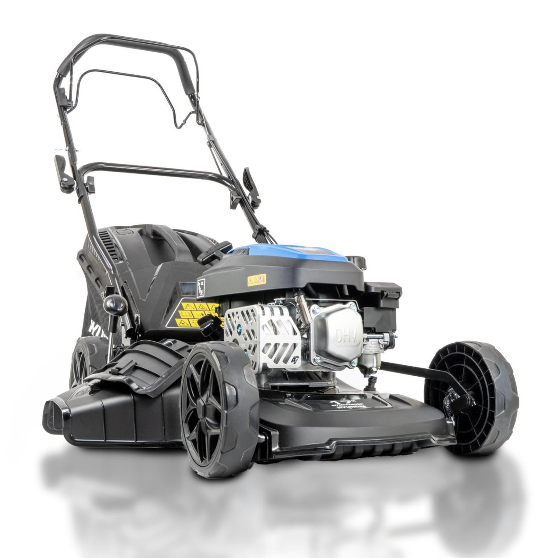 Hyundai 17″ / 43cm Black Edition Self-Propelled Petrol Lawnmower, 150cc, 4-in-1 Mulch, 45L Collect, Side and Rear Discharge 