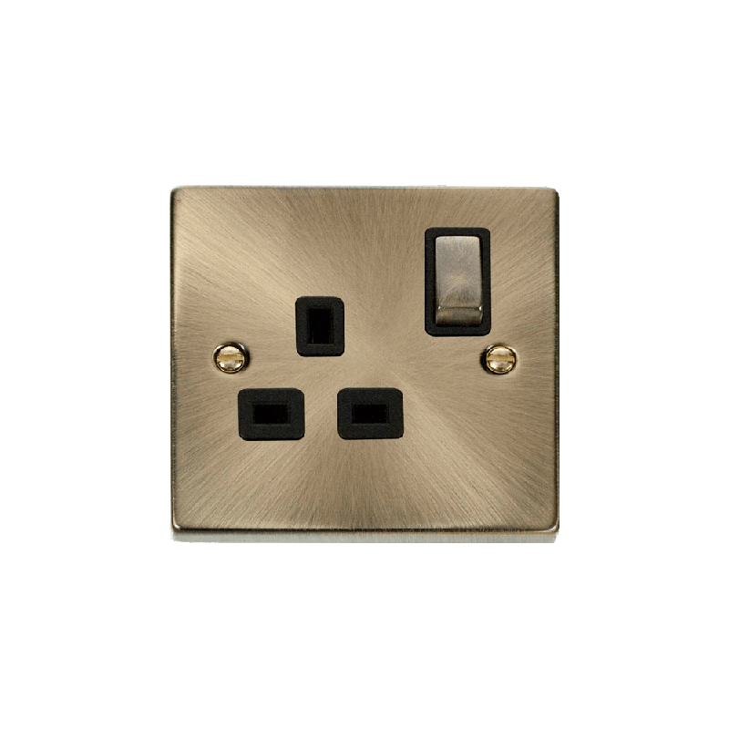 Click Deco 1 Gang 13A DP 'Ingot' Switched Socket Outlet Antique Brass Insert Black