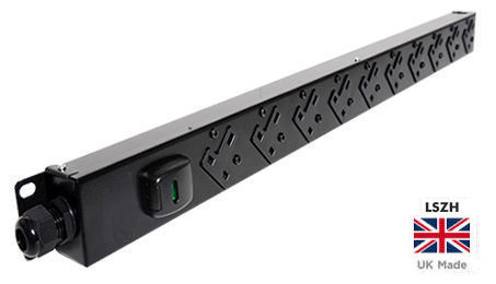 PDB-13A10V-32A 10 Way Vertical UK Socket PDU to 32amp Commando Plug 0U Power Distribution Unit 12 Port PDU ideal for 32 Amp feeds - LSOH (BTO)