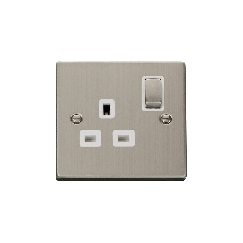 Click Deco 1 Gang 13A DP 'Ingot' Switched Socket Outlet Stainless Steel Insert White