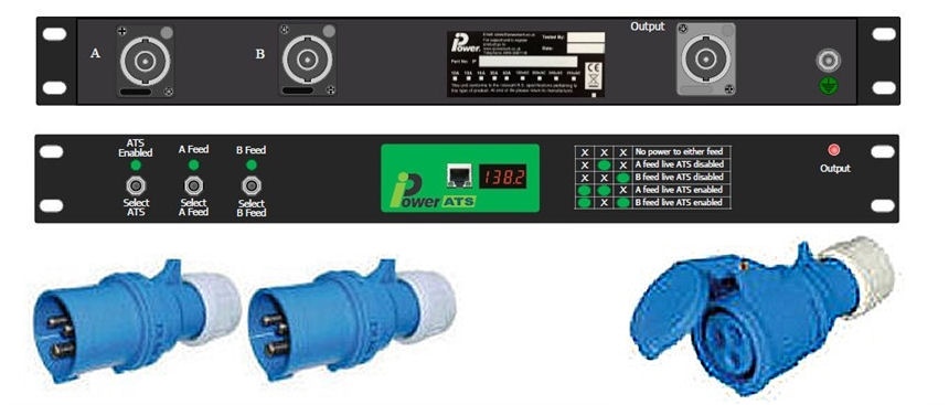 IP-AT-120-06-2X0G-32A2M - iPower ATS - Auto Transfer Switch, 2x32 Amp Input to 1 X 32Amp Output - Neutrik unit Connectors with 2 Mtr Adaptor leads to IND309 (ATS)