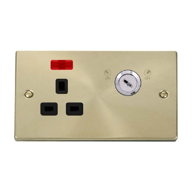 Click Deco 13A 1G Double Pole Key Lockable Socket with Neon Satin Brass Insert Black