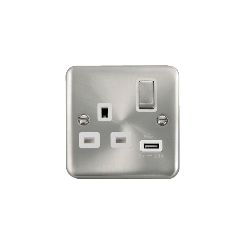 Click Deco Plus 13A Ingot 1G Switched Socket Outlet With USB Outlet Satin Chrome Insert White