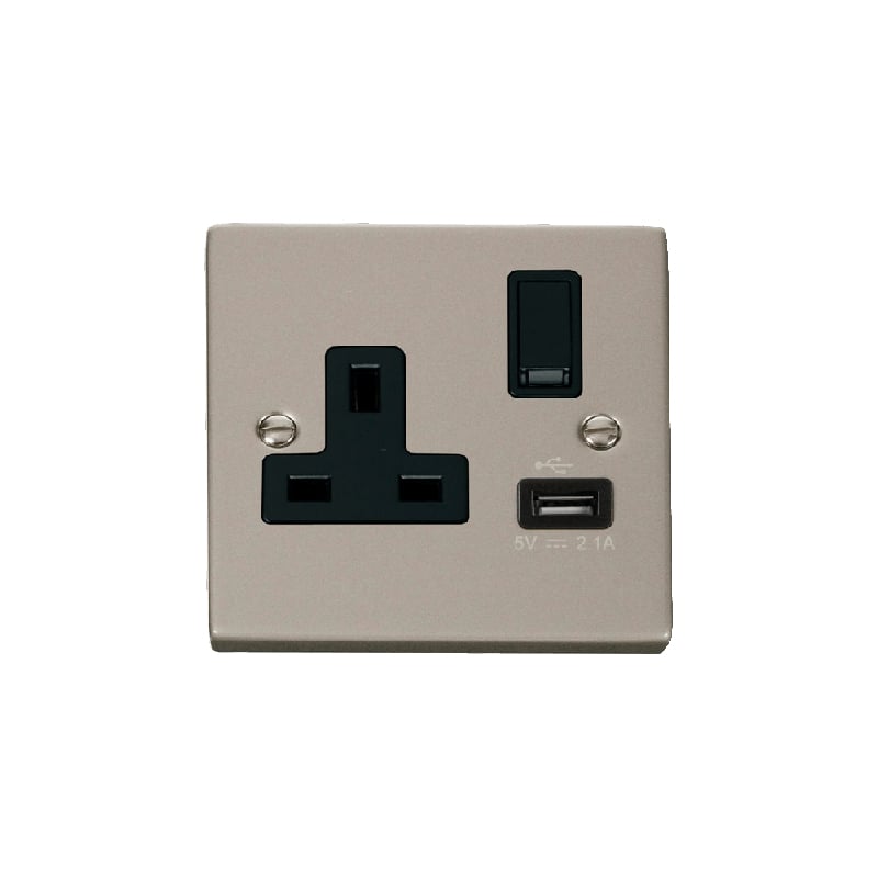 Click Deco 13A 1G Switched Socket Outlet With USB Outlet Pearl Nickel Insert Black