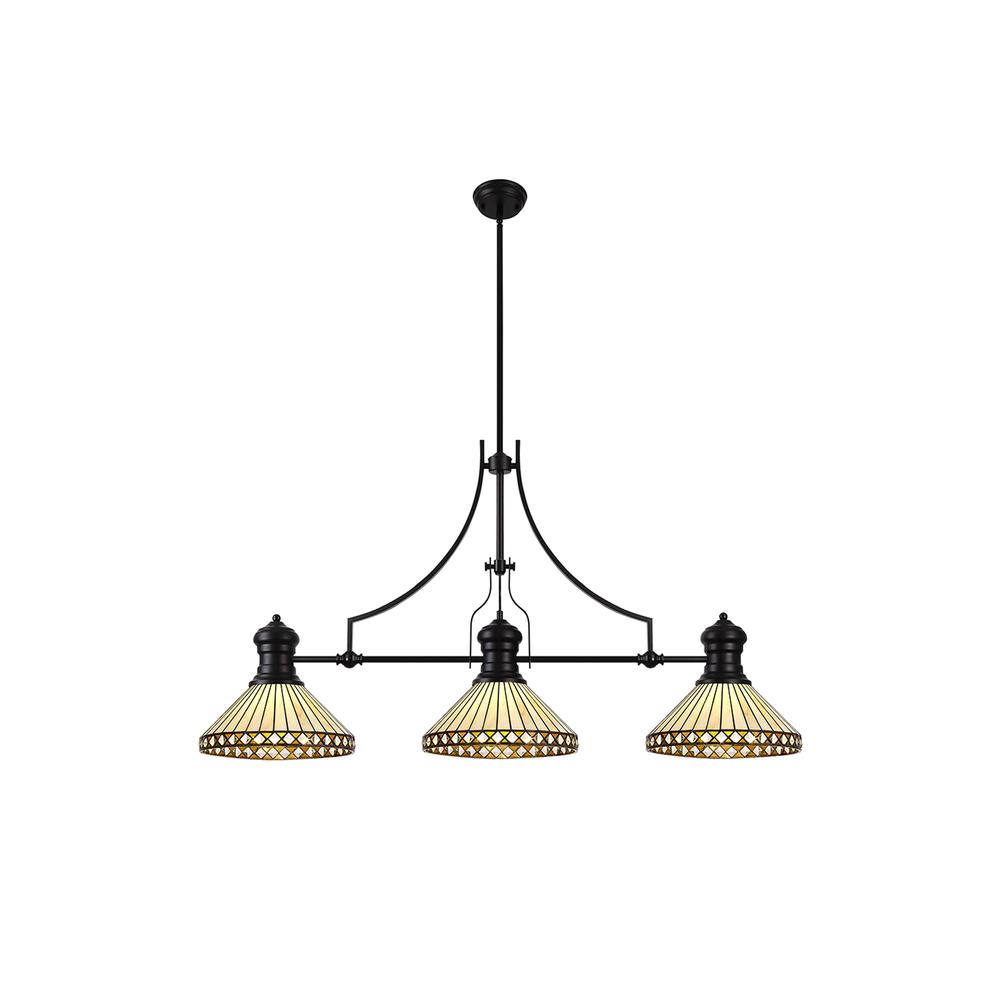 Luxuria Peacock Feather 3 Light Linear Pendant E27 With 30cm Tiffany Shade Matt Black Amber Cream Crystal