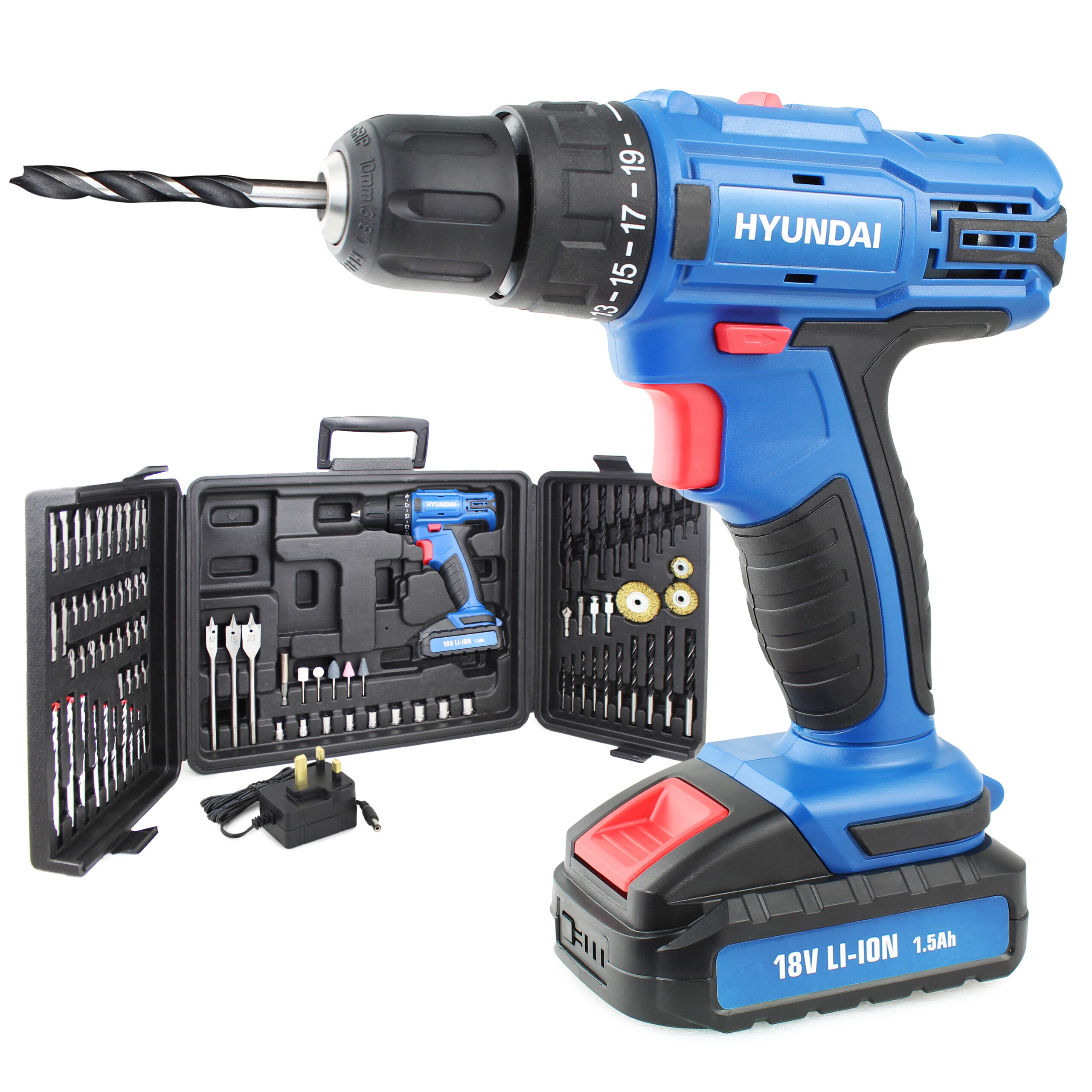 UK Suppliers Hyundai 18v 1.5AH Li-Ion Cordless Drill with 54 Piece Drill Accessory Kit 